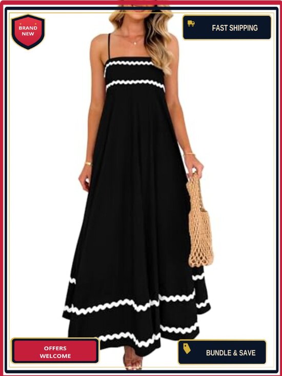 Dresses & Skirts - Boho Maxi Dress Sleeveless Square Neck High Waist Flowy Sundress with Pockets